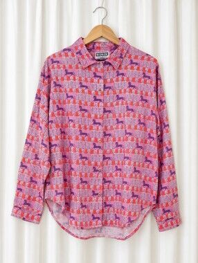Vintage Segrets Pink Purple Geometric Patchwork Retro Horse Print Boho Blouse